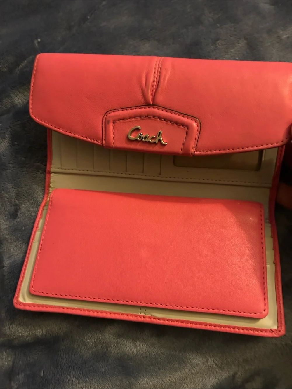 Coach Coral-Pink Leather Continental Wallet with Gold Logo